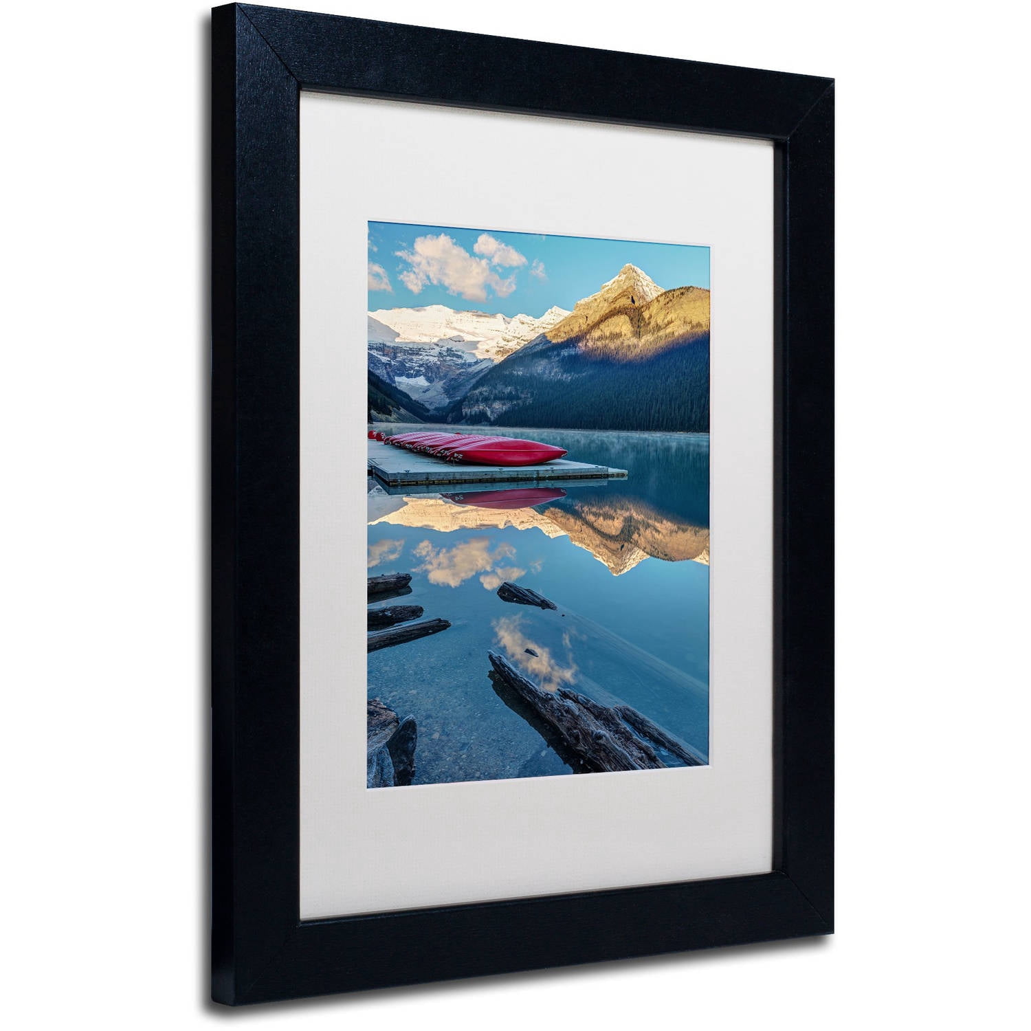 Trademark Fine Art 'Lake Louise Canoes' Canvas Art by Pierre Leclerc, White Matte, Black Frame