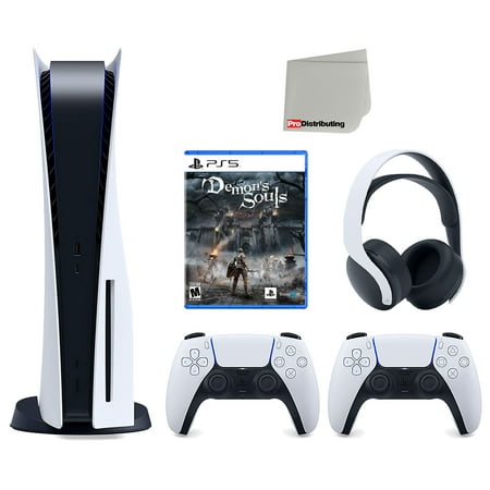 Sony Playstation 5 Disc Version Console with Extra White Controller, White PULSE 3D Headset and Demon's Souls Bundle with Cleaning Cloth