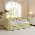 thumbnail image 3 of URTR Twin Size Daybed with USB Ports & Wave-Shaped Backrest, Twin To King Upholstered Plaid Linen Day Bed Frame for Bedroom, Living Room, Guest Room, Green, 3 of 9