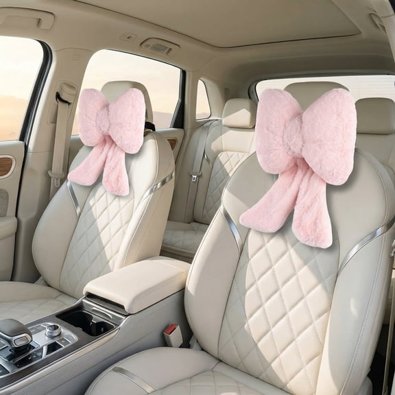 2 Pack Bowknot Car Headrest Pillows - Plush Neck Support Pillows for Car, Office Chair, Travel & Home, Cute Pink Car Decor Accessories