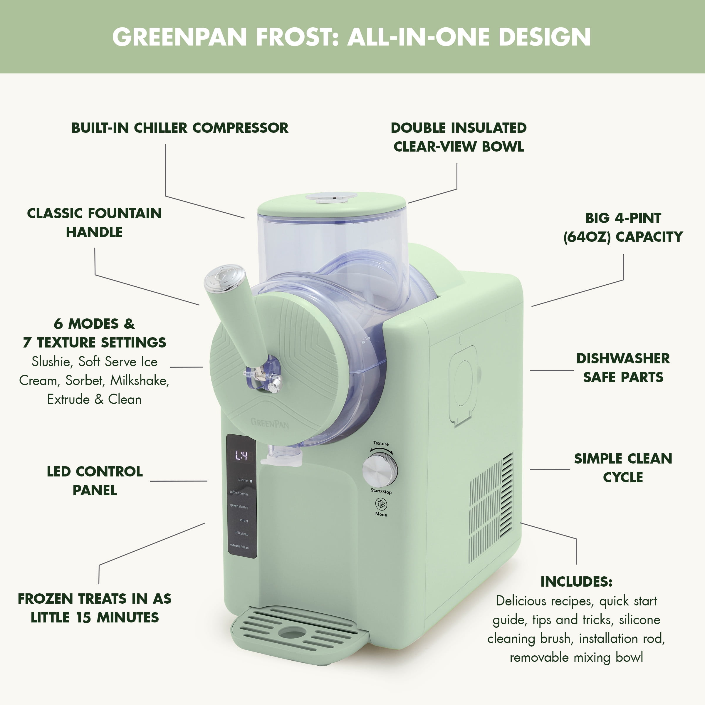 GreenPan Frost 6 Mode, Ice Cream, Frozen Drink & Milkshake Maker, No Freezer Needed, Easy Clean Parts, Green