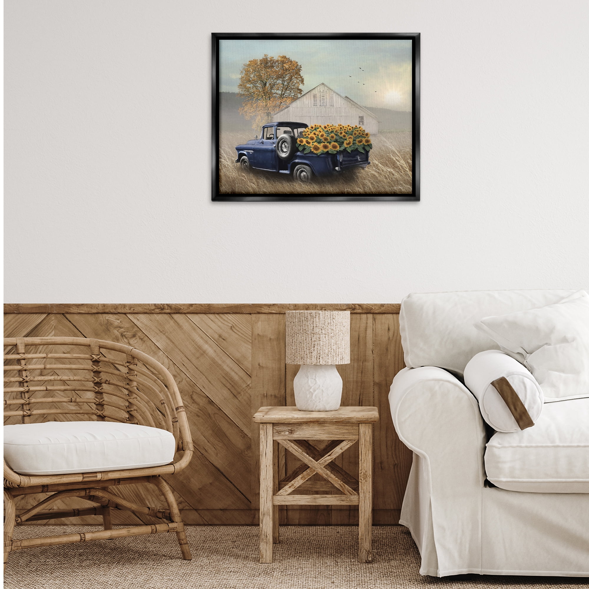 Stupell Industries Sunflower Filled Truck Transportation Painting Black Floater Framed Canvas Art Print Wall Art, 31 x 25