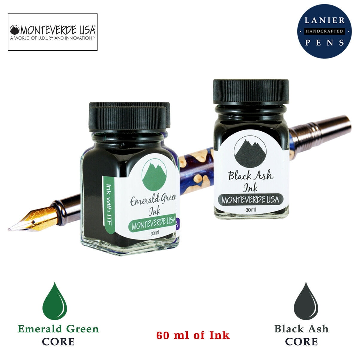 Monteverde 60ml Core Fountain Pen Ink Bottle (30ml Emerald Green Ink Bottle G309EG, 30ml Black Ash Ink Bottle G309BA)