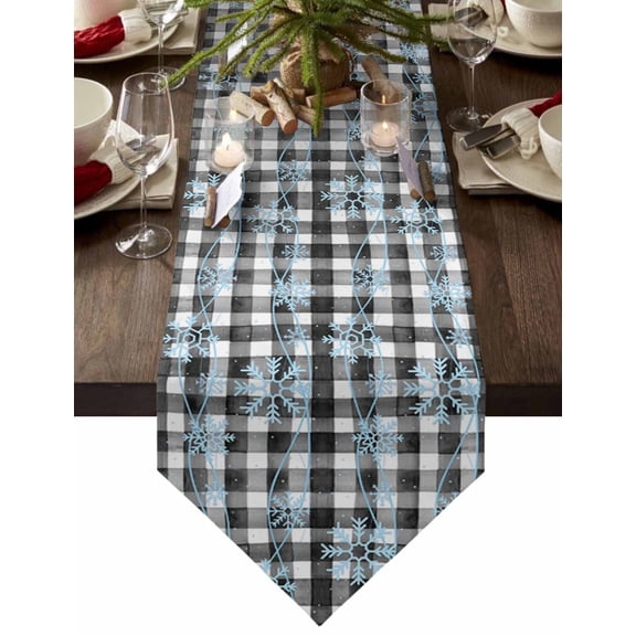 Table Runner Dresser Scarves Blue Snowflakes Wavy Lines Cotton Linen Burlap Table Cover Black and White Checkered Table Runners for Family Kitchen Dining Holiday Party Banquet Decor