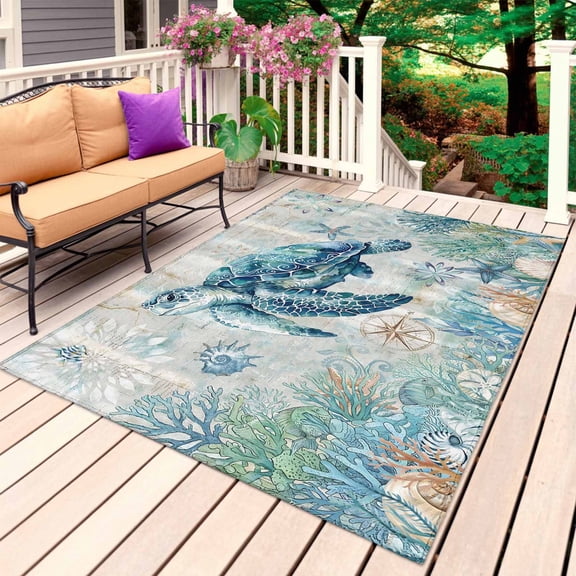 Teal Turtle Coastal Outdoor Rug 3x5 Ft, Non Slip Washable Area Rug, Summer Beach Coral Nautical Ocean Patio Rugs Carpet Runner, Large Floor Mat for Indoor/Outdoor Deck Porch Camping