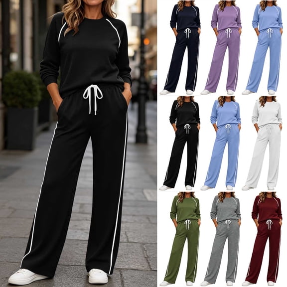 2 Piece Women's Tracksuit Fall Side Striped Crewneck Long Sleeve Tops Straight Leg Pants Workout Outfits S-XXL