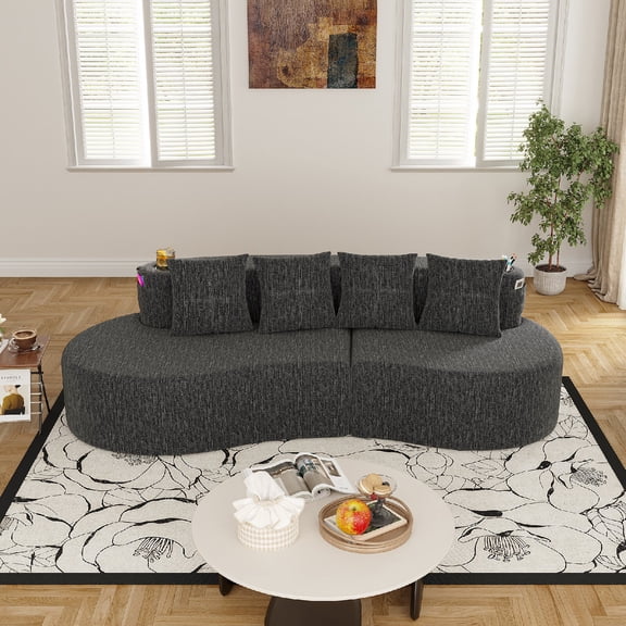 3 Seater Boneless Compressible Sofa Couch with Built-in Cup Holder and Side Pockets, Modern Curved Sectional  Sofa with Deep Seat for Living Room No Assembly Required, Dark Gray