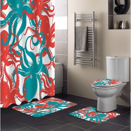 ZHANZZK Octopus 4 Piece Bathroom Set Shower Curtain Bath Rug Contour Mat and Toilet Lid Cover