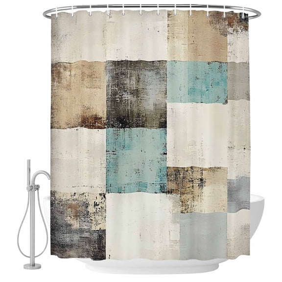 Abstract Teal Black Brown Geometric Fabric Shower Curtain Vintage Style Washable Shower Curtains for Bathroom, Waterproof Bath Curtain with Hooks Home Decor 72x84in