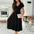 thumbnail image 3 of Women's Solid Elegant V Neck Waist Sleeve Large Hem Dress Pleated Dress for Women Summer Elegant Dress Prelude Dress Tunic Dress Summery Dresses Dresses Casual Fall Casual Dresses for Women Summer, 3 of 5