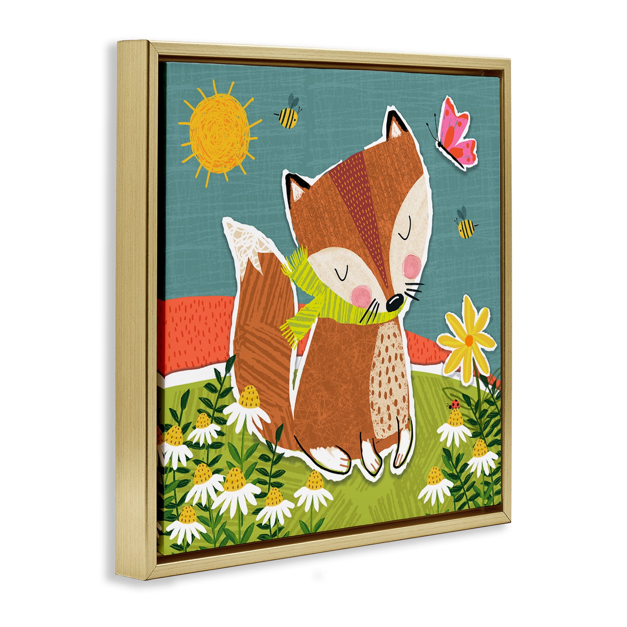 Stupell Industries Whimsical Nature Fox Animals Painting Gold Floater Framed Canvas Art Print Wall Art, 18 x 18