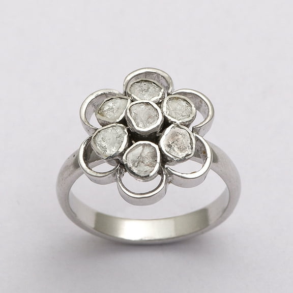0.70 CTW Natural Diamond Polki Flower Women's Mother's Day Gift Ring 925 Sterling Silver