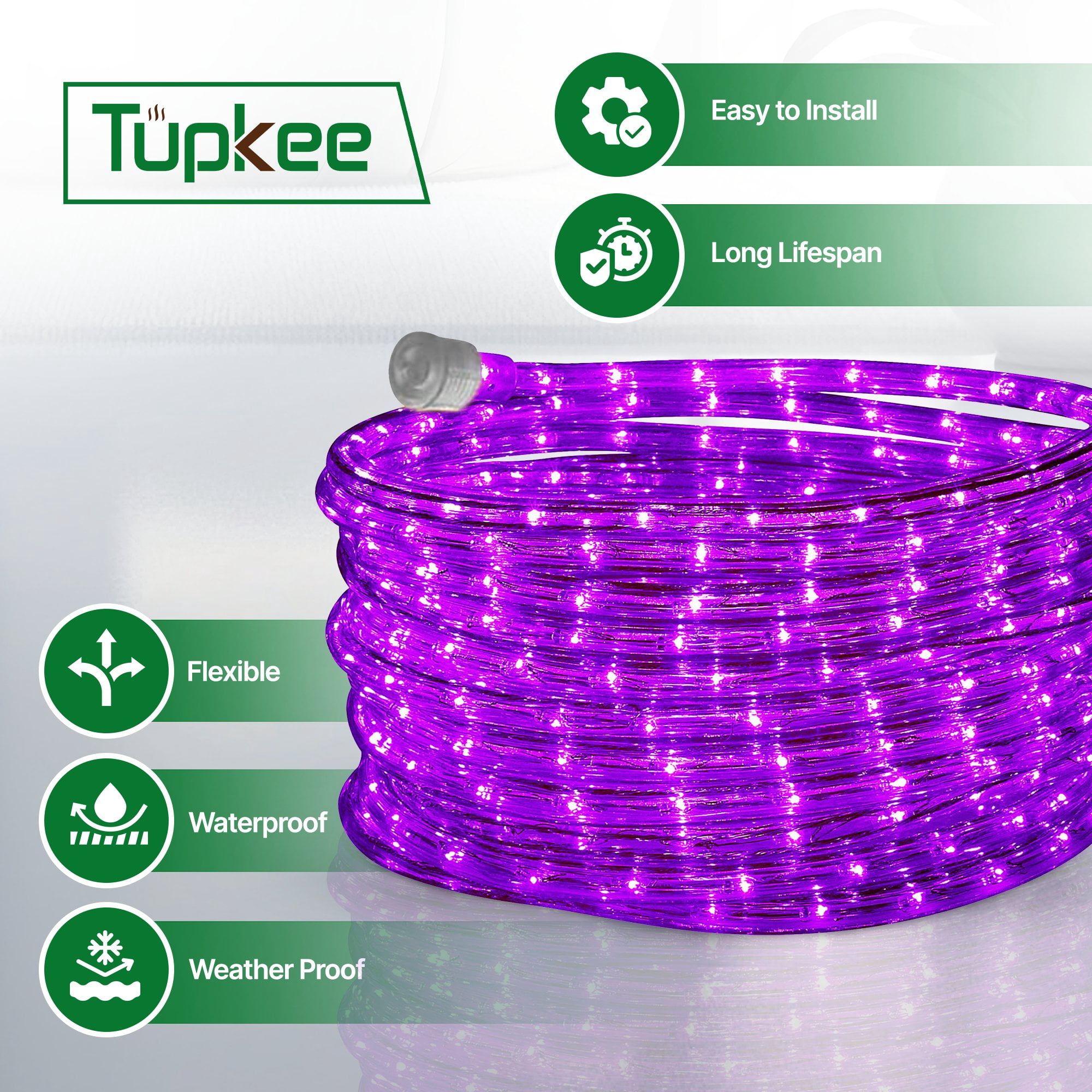 Tupkee LED Rope Light – Red & White Candy Cane, 24FT, 144 LEDs, Indoor/Outdoor IP65