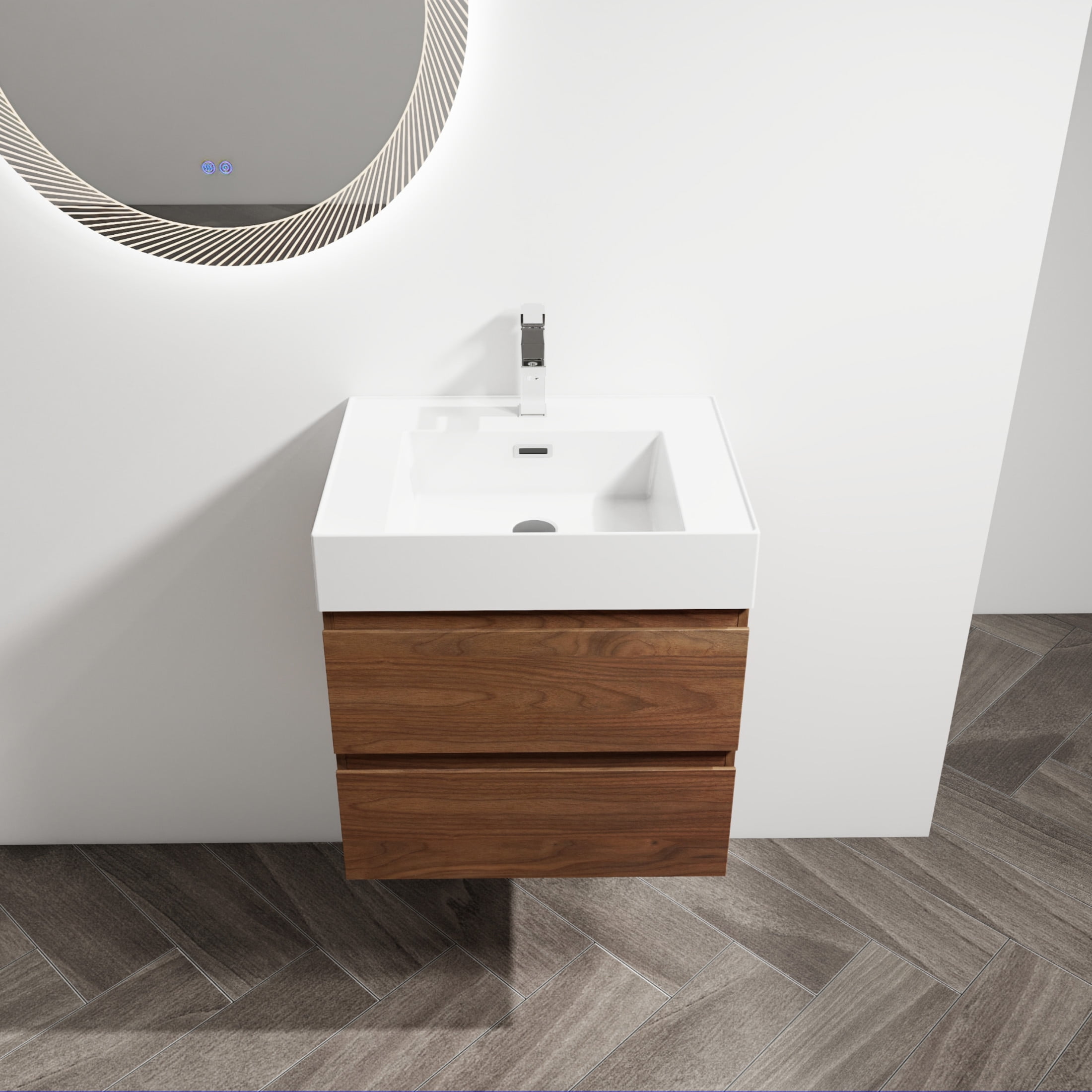 Noble House 24" Wall-Mounted Bathroom Vanity, Resin Sink, 2 Soft-Close Drawers, Wood Grain Finish, Brown Oak