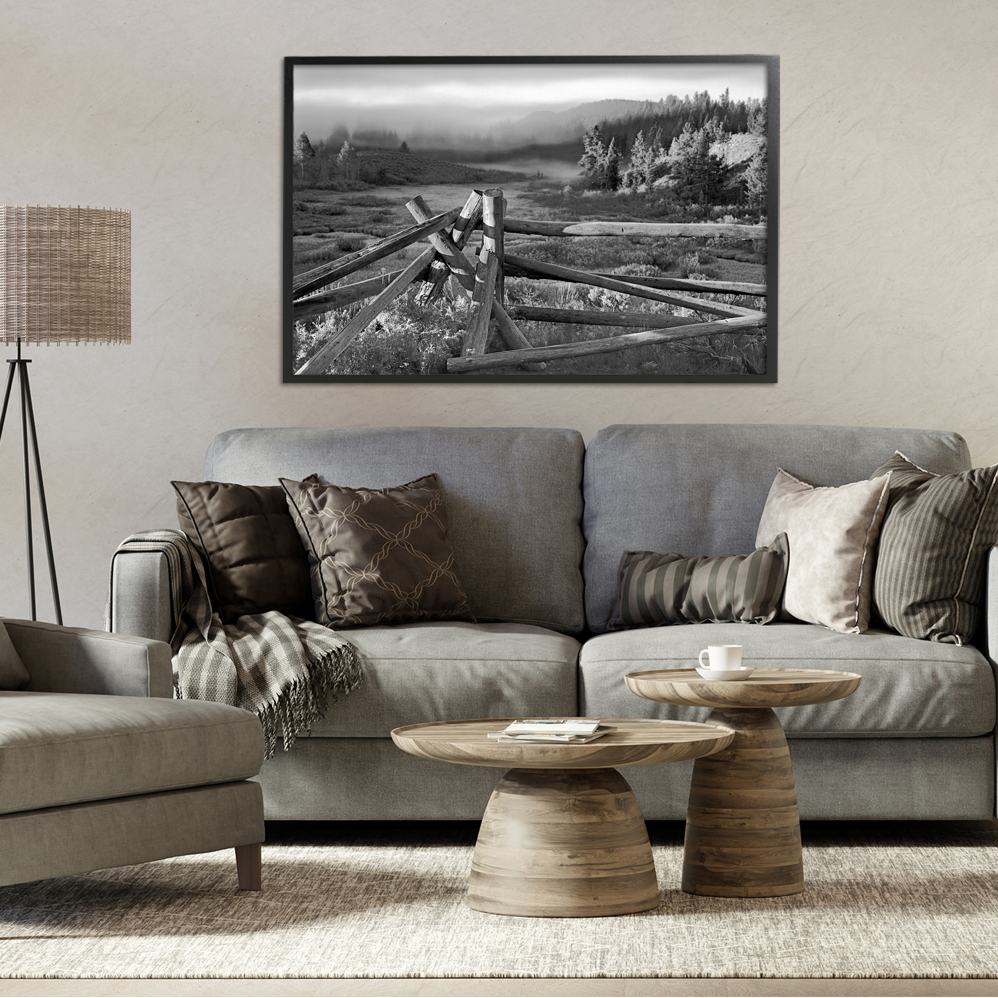 Grand Tetons Fence Beyond Black Framed Giclee Art, design by MJ Photography