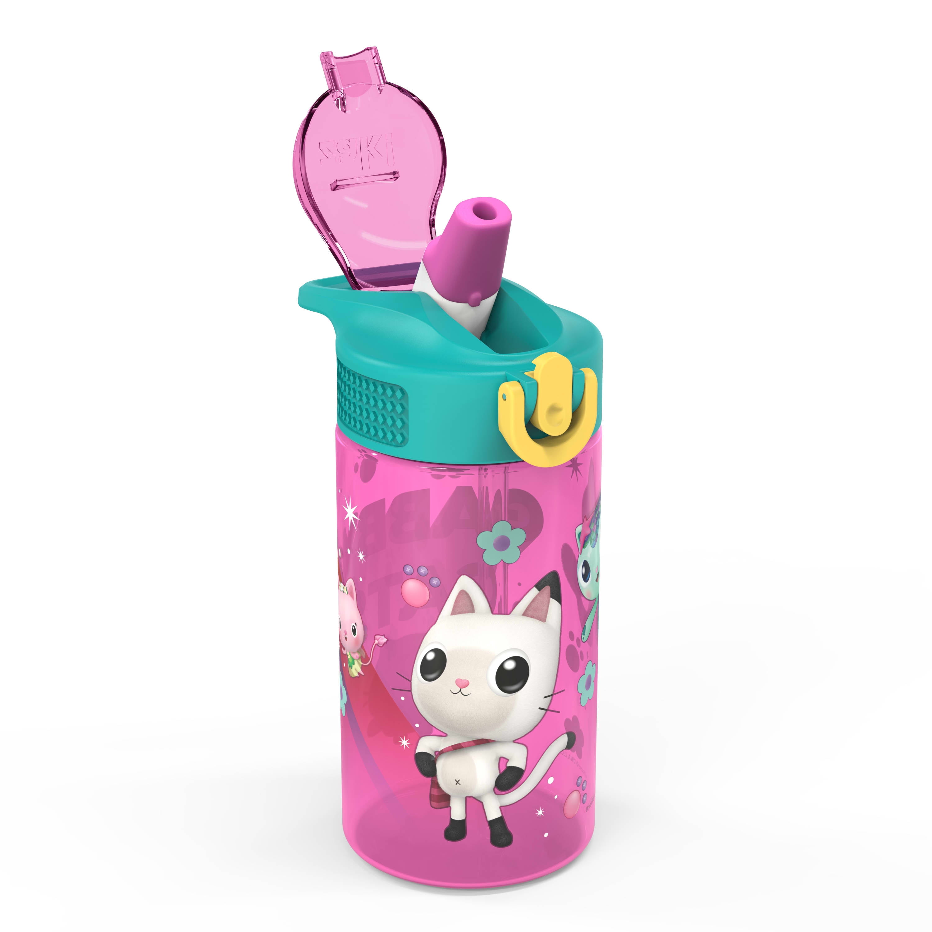 Zak Designs Gabbys Dollhouse 16 ounce Reusable Water Bottle with Hygienic spout cover and antimicrobial spout, Gabby's Cats