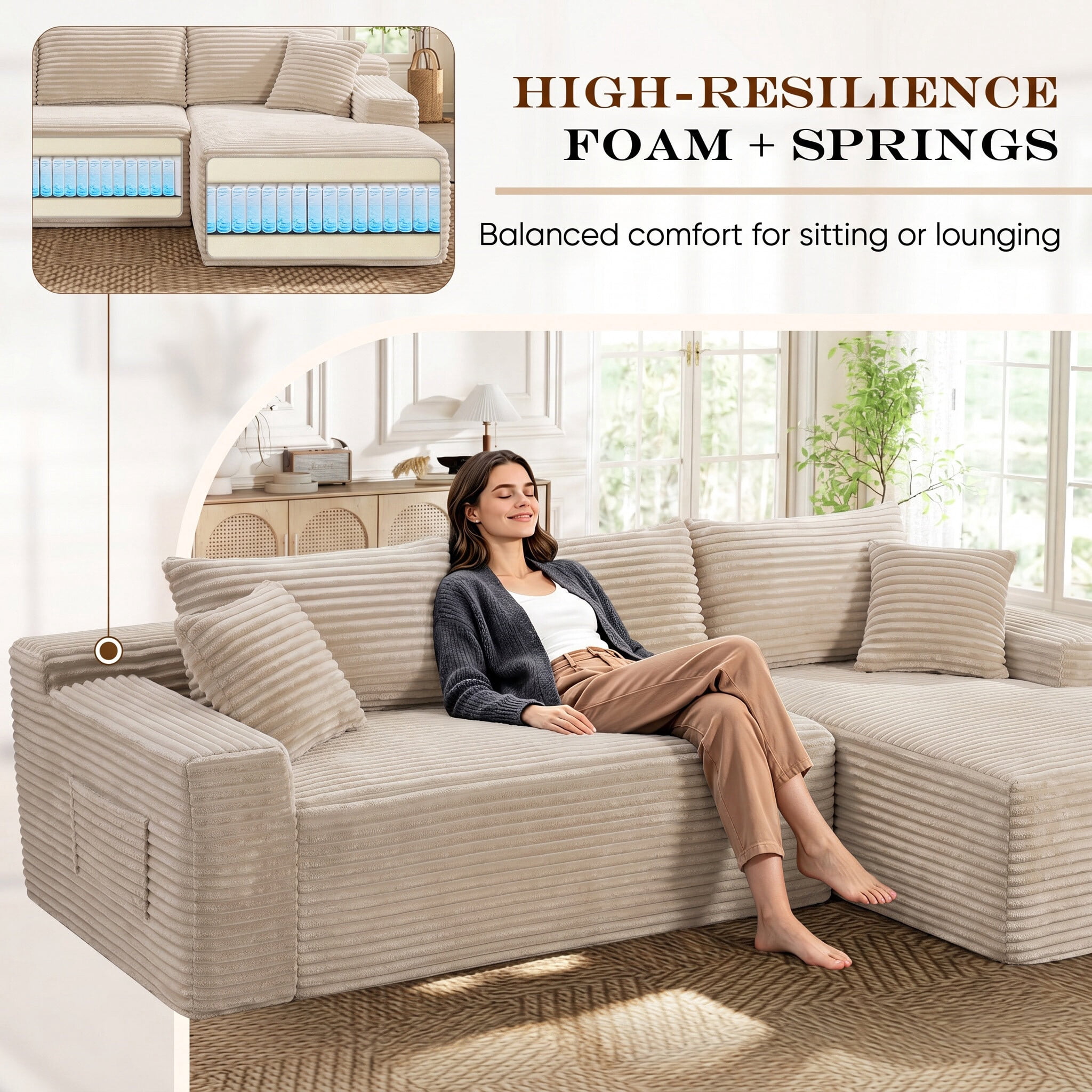 Lunale Small Modular Sectional Sofa with Movable Chaise, L-Shaped Boneless Cloud Couch for Living Room, Camel (Right Facing Chaise)
