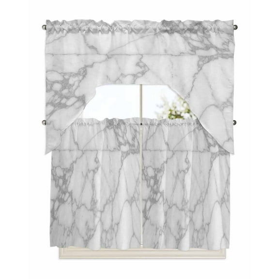 Gray Marble Kitchen Curtains Swag Valance and Tier Curtains Set 36 Inch Length, Minimalism Modern Abstract Ombre Texture Rod Pocket Drape Panels Pair Swag Curtains for Bathroom/Cafe/Window