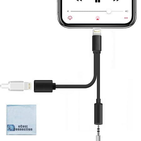Charging and Headphone Jack Adapter / Splitter Male Charger to 3.5mm and Female Charger Plugs for iPhone Xs Max Xs X Xr 8 Plus 7 7 Plus + eCostConnection Microfiber (Best Charger For Iphone 7 Plus)
