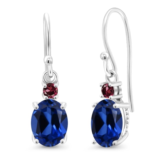 Gem Stone King 10K White Gold Blue Created Sapphire and Red Rhodolite Garnet Dangle Earrings for Women (3.38 Cttw, Gemstone Birthstone, Oval 8x6mm)