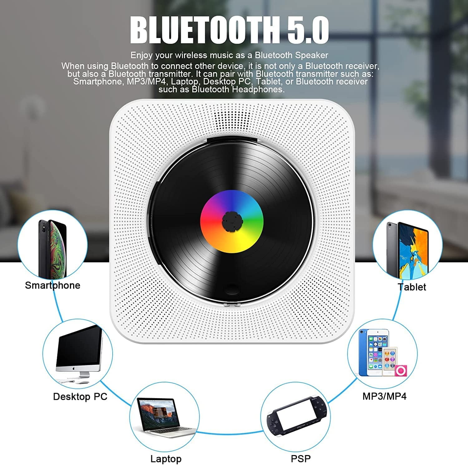 CD Player Portable Bluetooth Desktop 4000mAh Rechargeable CD Player with Remote Control for Home CD Player with Timer HiFi Speakers Dust Cover LCD Screen Display FM Radio-White