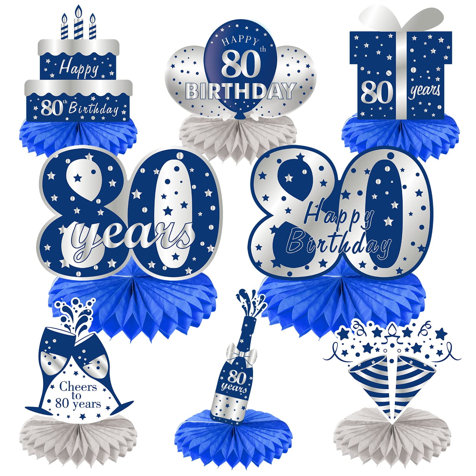 8Pcs 80th Birthday Decorations Centerpieces for Men, Blue