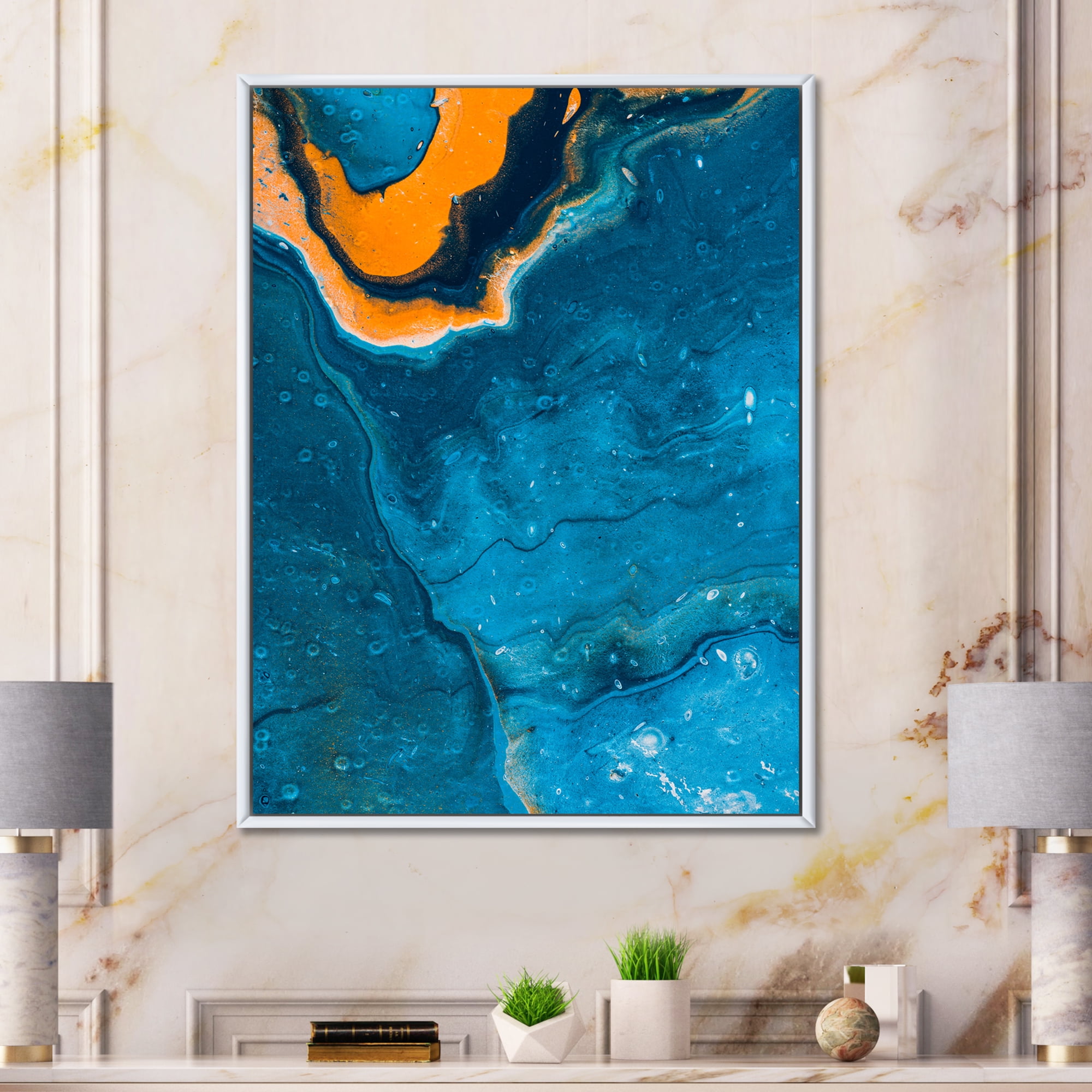 Designart 'Abstract Marble Composition In Orange and Blue III' Modern Framed Canvas Wall Art Print