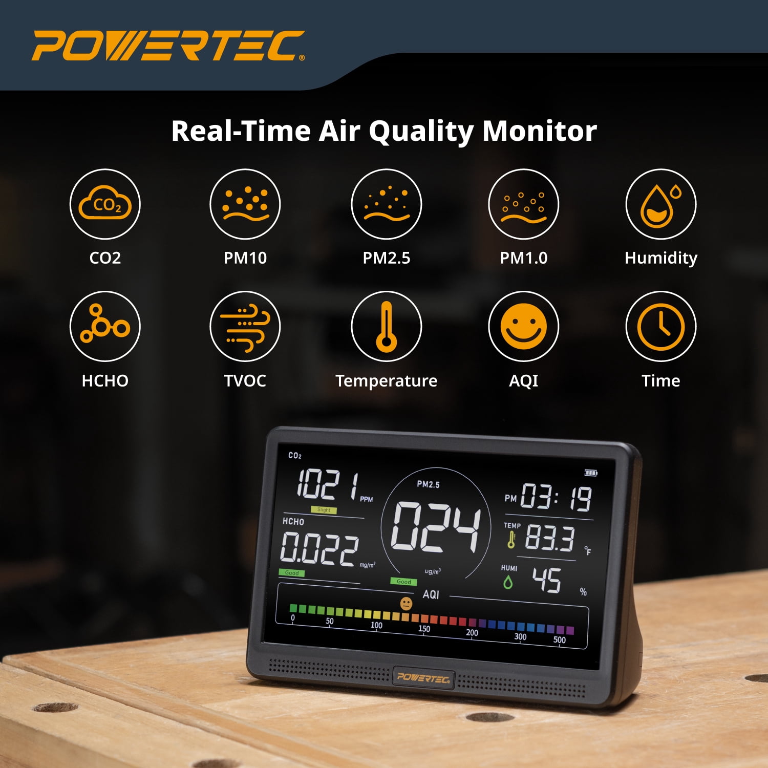 POWERTEC Air Quality Monitor with 7” LCD Display – Multi-Sensor CO₂, PM2.5, PM10, HCHO, TVOC Detector, NDIR Sensors, Rechargeable Indoor/Workshop Air Monitor, AD1001