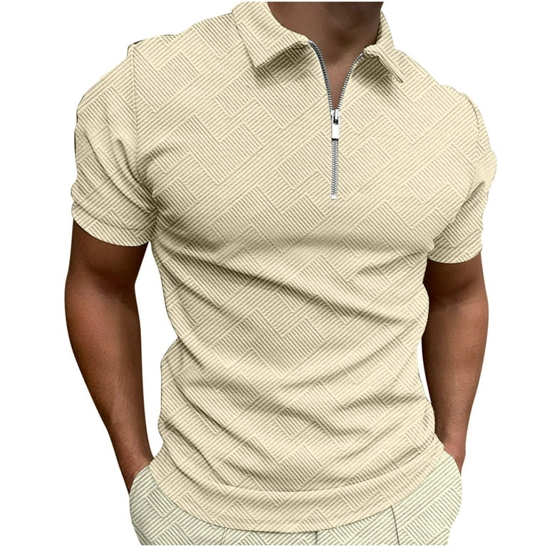 Huk Fishing Shirts For Men Men Casual Solid Turndown Pullover Zipper Short  Sleeve Blouse Tops Cotton tshirts for Men Vocation T-Shirt,Beige,XL