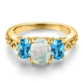 thumbnail image 3 of Gem Stone King 18K Yellow Gold Plated Silver White Opal and Swiss Blue Topaz Filigree Style 3 Stone Ring for Women (2.10 Cttw, Oval 8X6MM and 6X4MM) (Size 6), 3 of 6