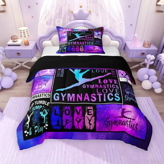 Erosebridal Gymnastics Twin Comforter Sets for Girls, Gymnast Sport Bedding Set, Black Reversible, 1 Comforter and 1 Pillowcase