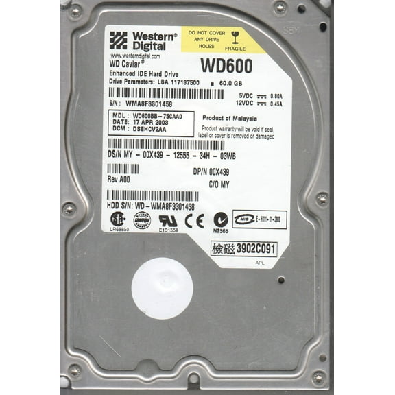 WD600BB-75CAA0, DCM DSEHCV2AA, Western Digital 60GB IDE 3.5 Hard Drive