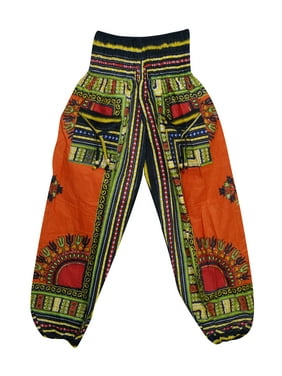 Mogul Bohemian Boho Chic Orange Yoga Pants Tribal Print Front Pockets Loose Casual Pant