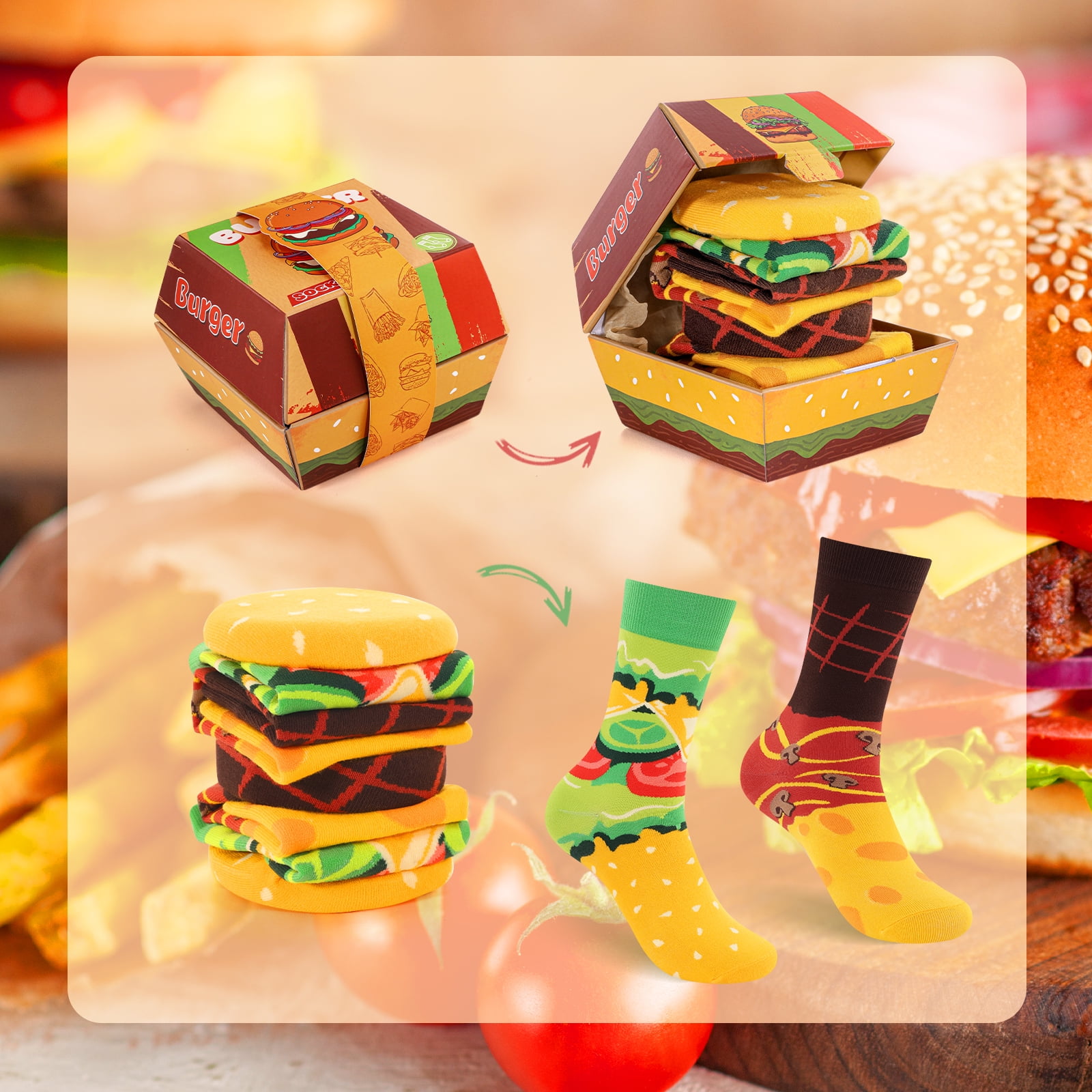 Funny Burger Socks Box for Men Dad Women Teen Boys -Funny Gifts Hamburger Novelty Funky Crazy Silly Cool Food Socks -Fathers Valentines Day Birthday Gag Christmas Gift Ideas Stocking Stuffers
