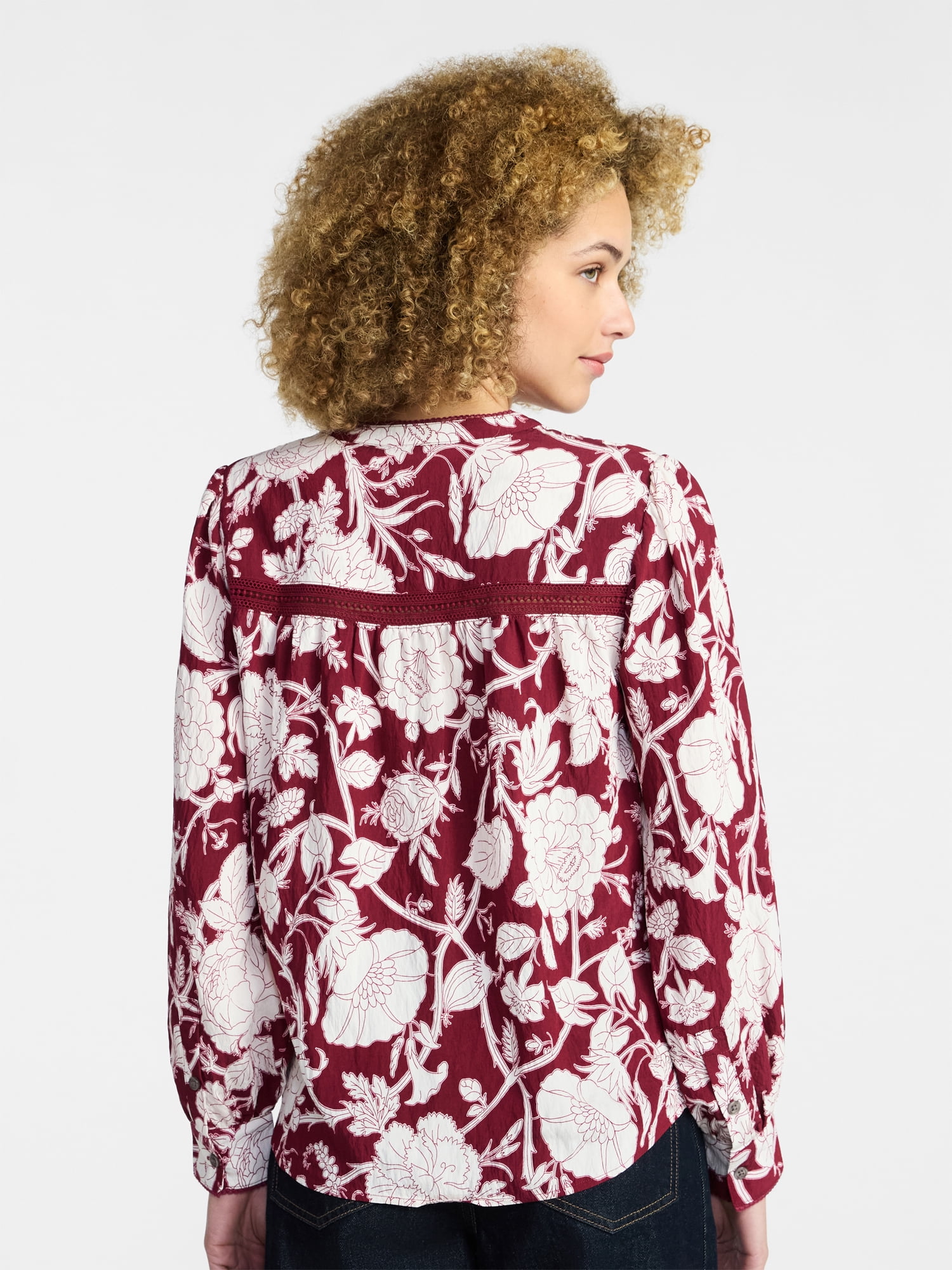 Time and Tru Women's Lace Yoke Shirt with Long Sleeves Sizes XS-XXXL