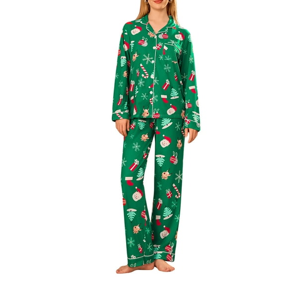 Rdhnmea Women's 2 Piece Christmas Pajama Set Long Sleeve Lapel Button Up Christmas Elements Pattern Print Shirt Pants Sleepwear Xmas Pjs Sets