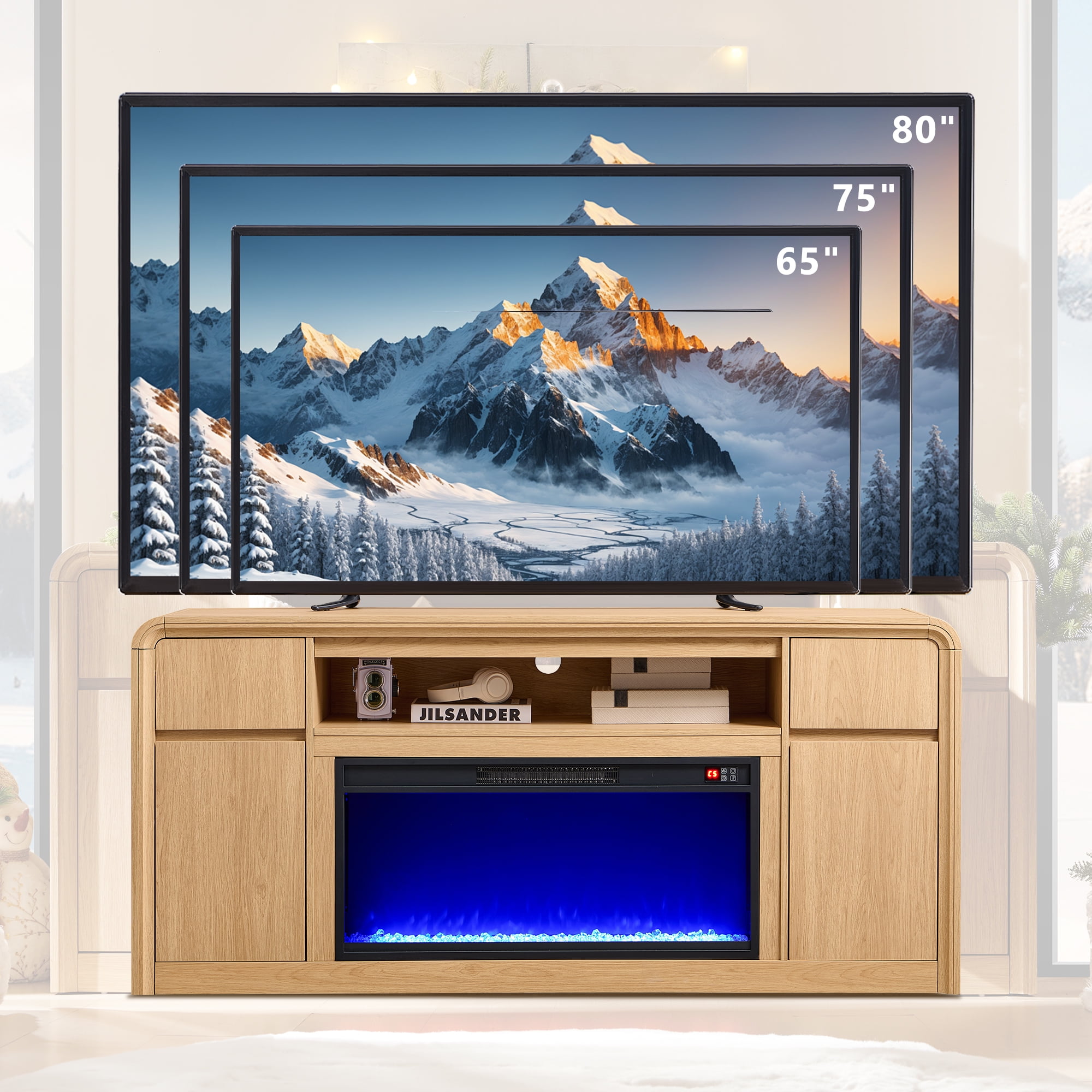 Modern Fireplace TV Stand for 75 inches TV, 36" Electric Fireplace w/ Wood Media Console, 32" Tall Entertainment Center & Adjustable Shelves for Living Room, Curved Profile Design