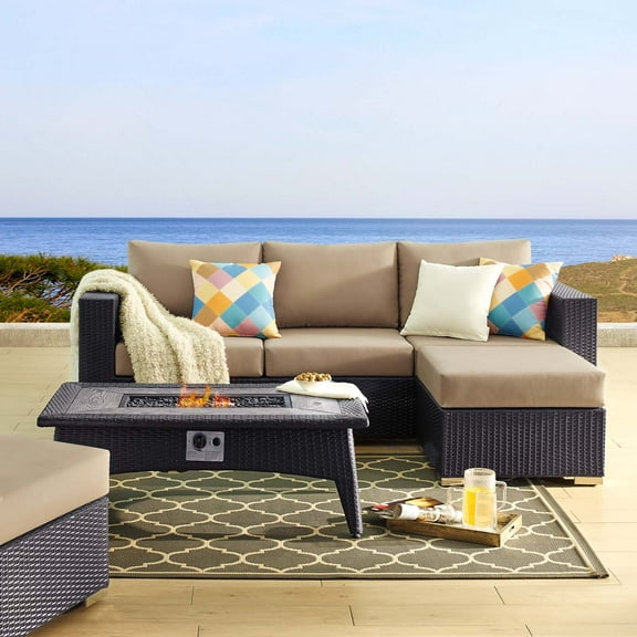 Modway Convene 3 Piece Set Outdoor Patio with Fire Pit in Espresso Mocha