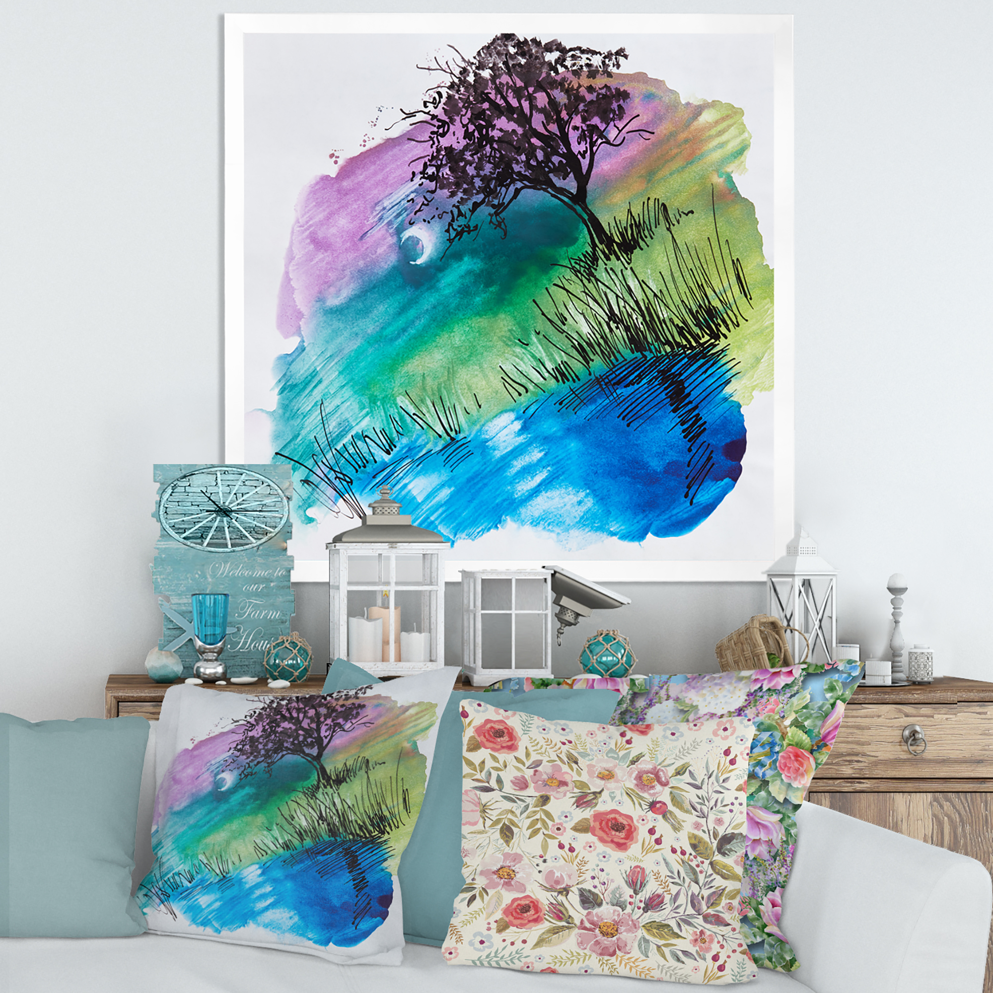 Designart 'Rainbow Silhouette Of Tree On The Riverbank At Night' Modern Framed Art Print