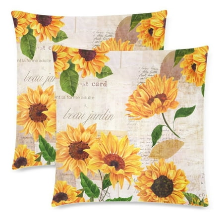YKCG 2 Pack Watercolor Floral Summer Sunflower Pillowcase Protector 18x18 Twin Sides, Vibrant Yellow Flower Vintage Cotton Zippered Throw Cushion Pillow Case Cover Shams Decorative