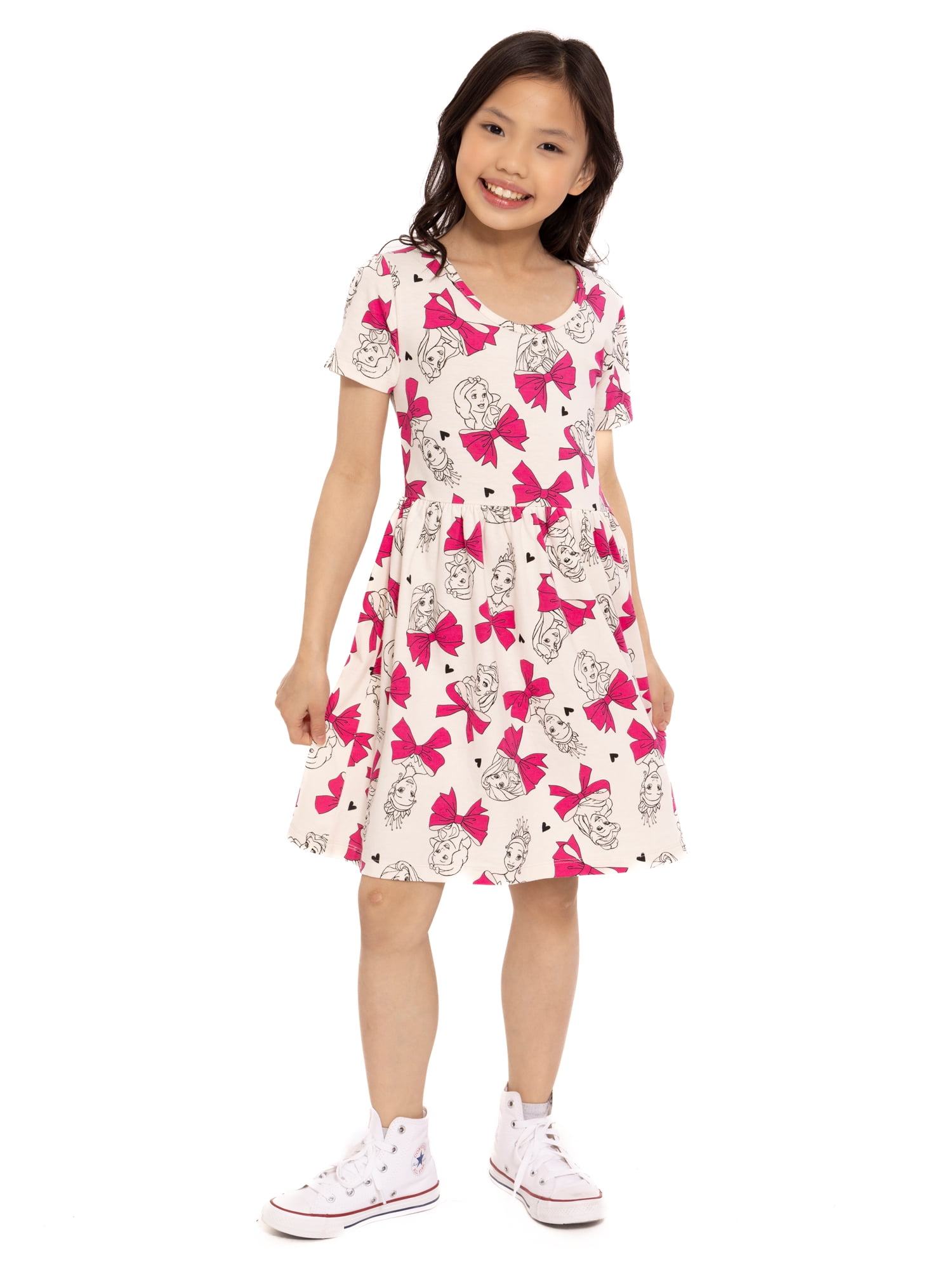 Disney Princess Girls Allover Print Dress with Short Sleeves, Sizes 4-12