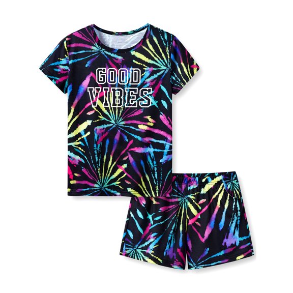 Little & Big Girls Summer Tee & Shorts Tie Dye Good Vibes Pajamas Kids PJ Set Sleepwear Size 18