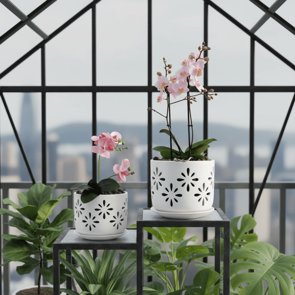 BUYMAX 5" & 6" Ceramic Orchid Pots with Holes and Trays, Blossom Geo Alabaster White, Set of 2