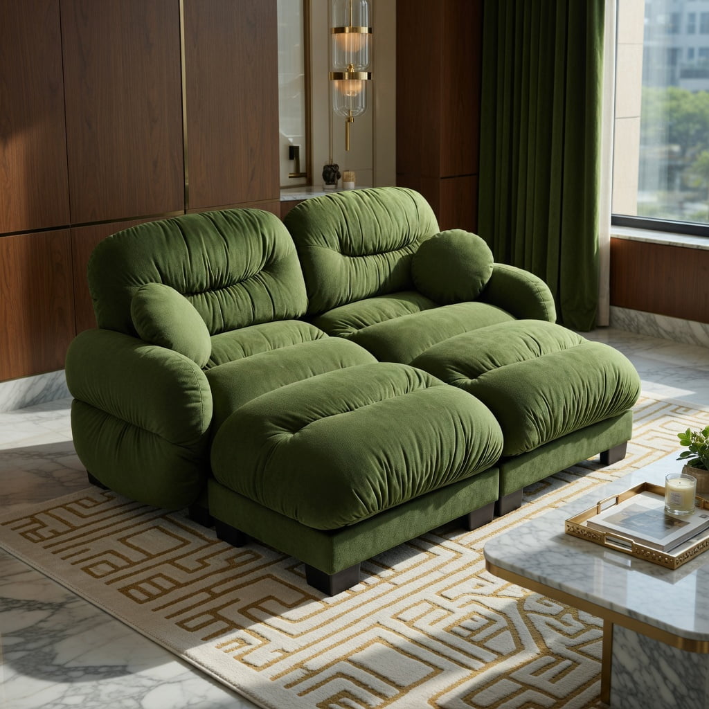 Hommoo Chenille 2-Seater L-Shaped Modular Sectional Sofa with Ergonomic Foam, Curved Armrests, 2 Ottomans & 2 Round Throw Pillows, Pleated Back Design, Green