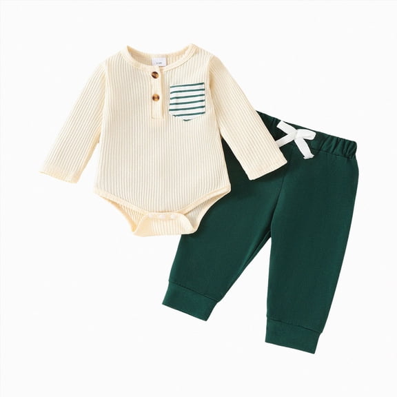 WUANDIXFA Newborn Baby Boy Clothes 3 6 12 18 Months Preemie Clothes Boys Infant Boy Outfits Romper Pants Set,Beige,12-18 Months
