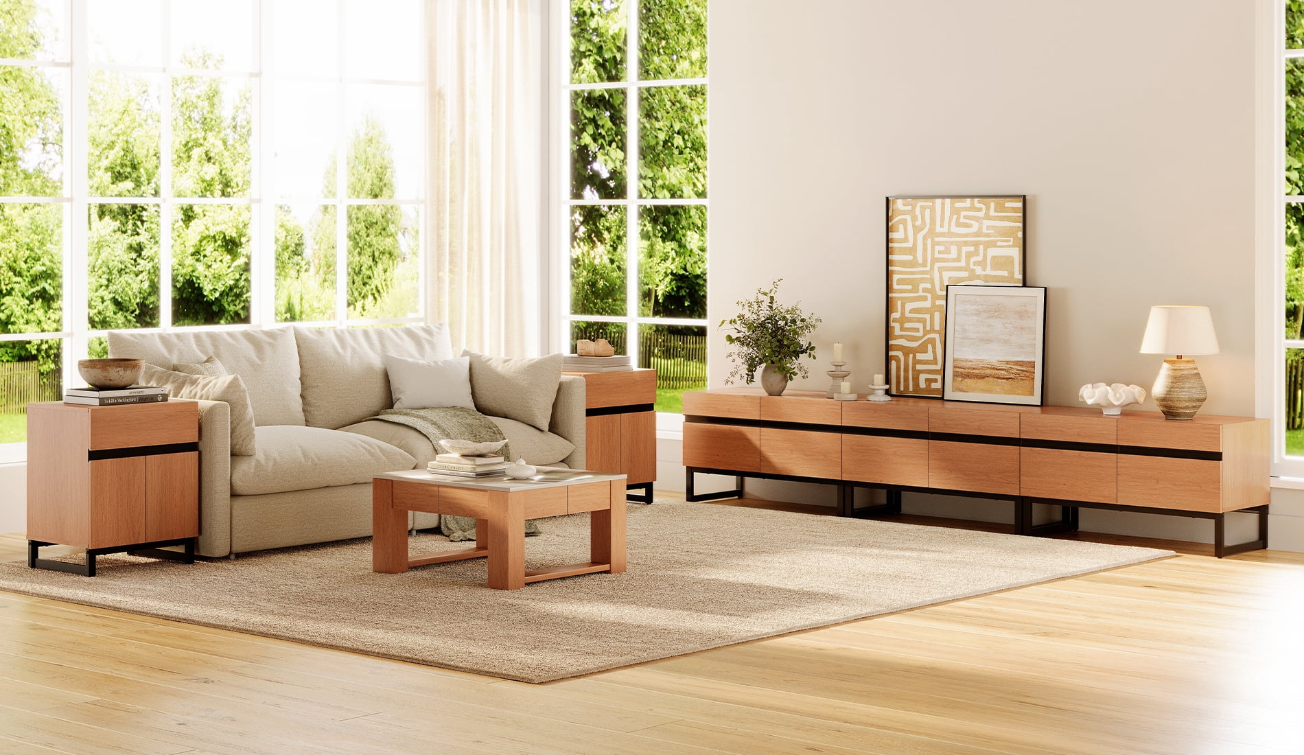 Modern 3-Piece Living Room Set, 106 Inch TV Stand And 2 End Table Sets With Drawers, Media Console with Storage Shelves, Sturdy Wood Frame & Metal Legs, Contemporary Furniture for Living Room,Mocha