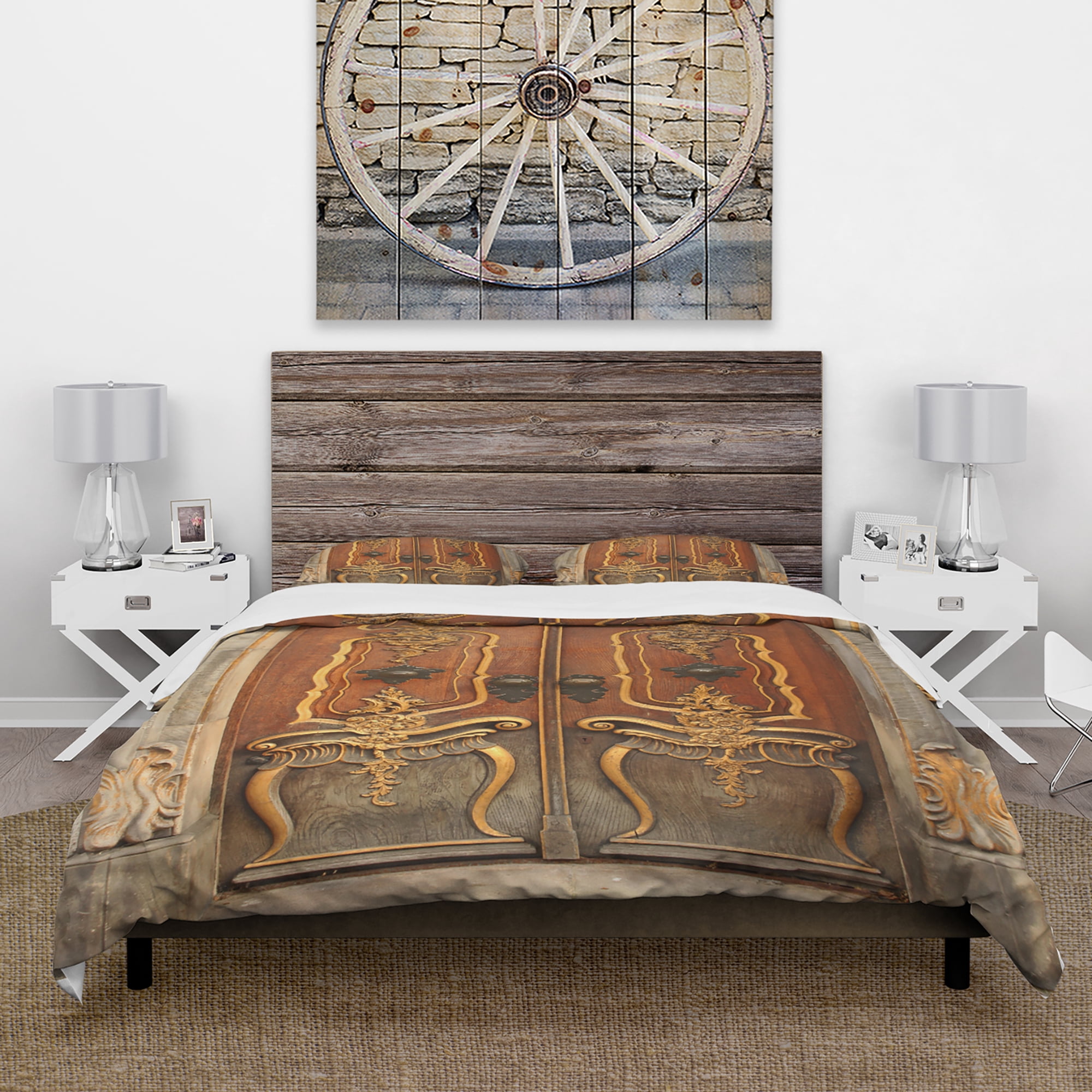 Designart 'Brown Old Door With Gold Ornaments' Vintage Duvet Cover Set