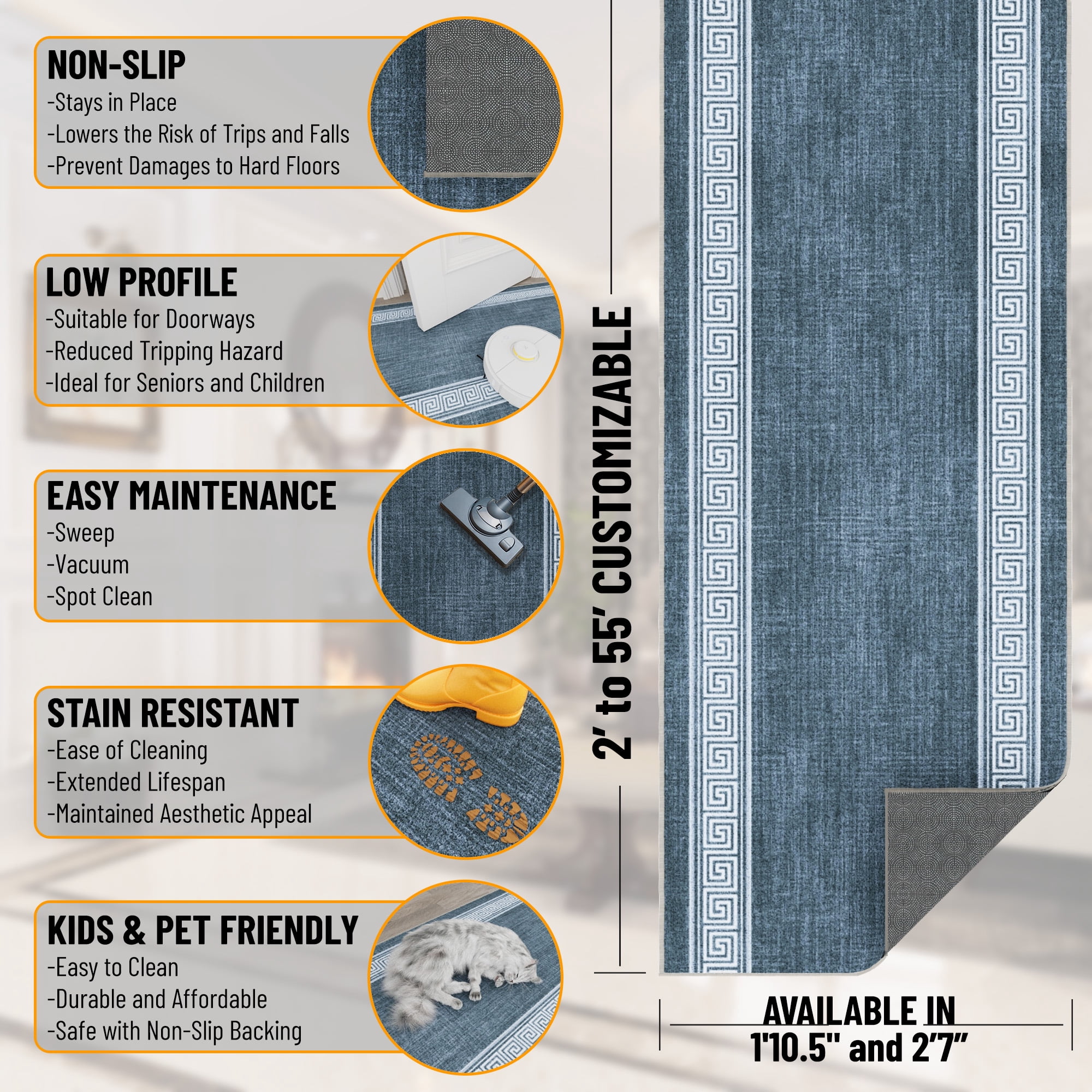 Ottomanson Aisle Runner Rug 2'7" x 47' Soft Non-Slip Indoor Rug, Greek Border Greyish Blue