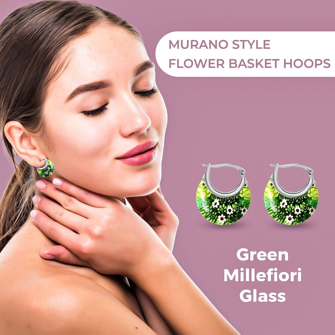 Green Murano Style Millefiori Glass Hoop Earrings for Women Daisy Flower Stainless Steel Jewelry Ct. 30 Birthday Christmas Gifts