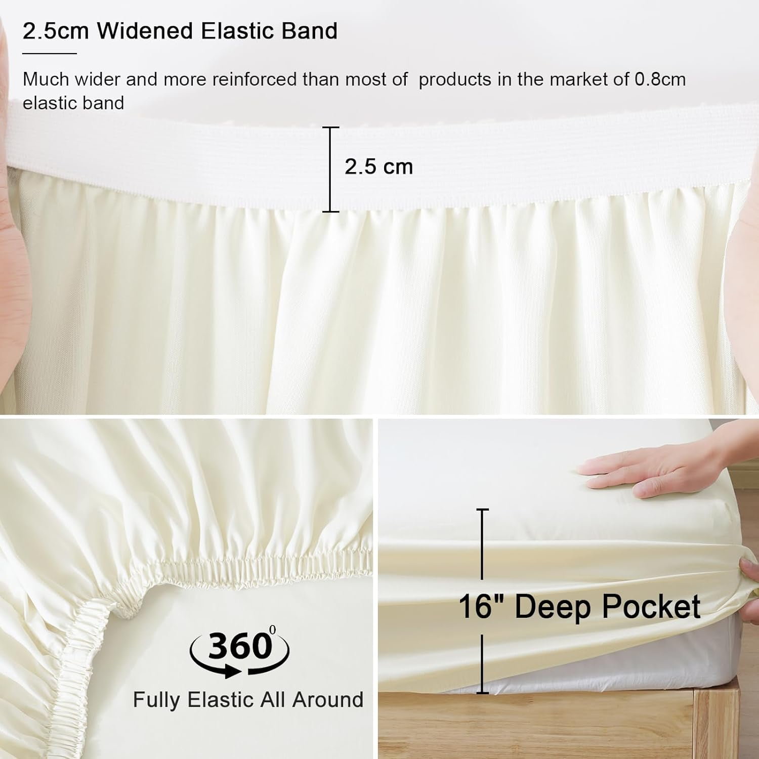 PHF Bamboo Bed Sheet Sets, 4 Pieces King Silky Soft Bedding Sheets, 1800 Thread Count 16 Inch Deep Pockets, Cream